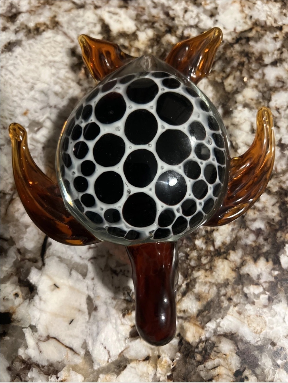 Hand Blown Glass Sea Turtle Murano Style Brown With Black & White Spots - Pretty